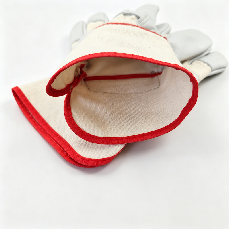 White cowhide industrial safety work gloves, red edge canvas cuff
