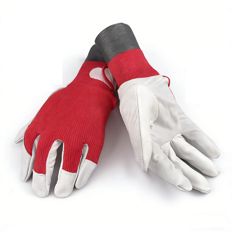 Durable Leather Palm Mechanic Gloves, Red Knit Back with Hook and Loop Cuff, Multi-purpose Industrial Working Safety Gloves