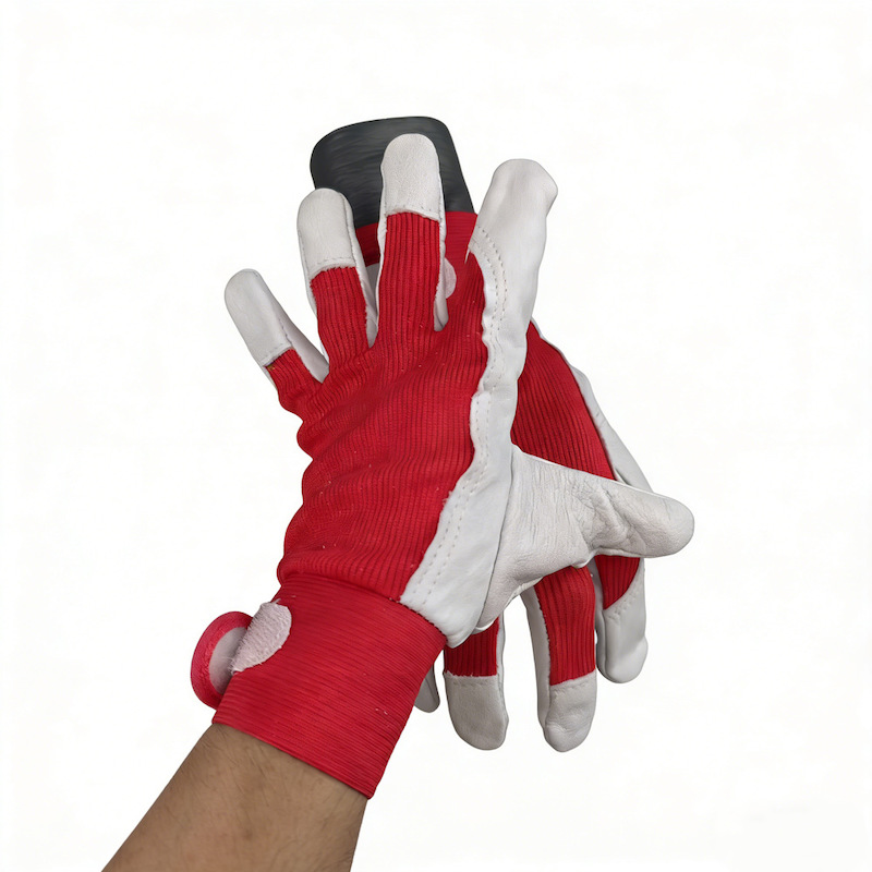 Industrial Protective Mechanic Gloves, White Genuine Leather Palm & Red Stretch Back, Comfortable Working Gloves for Warehouse & Machinery