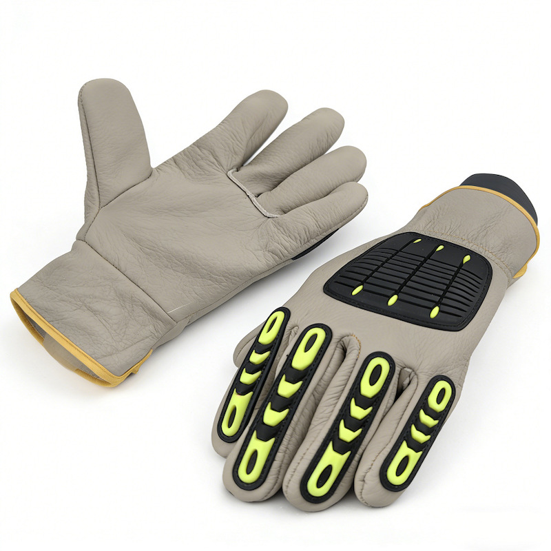 Grey Leather Impact Resistant Work Gloves, TPR Anti-shock Protection on Back & Fingers, Heavy Duty Mechanic Safety Gloves for Oil & Gas