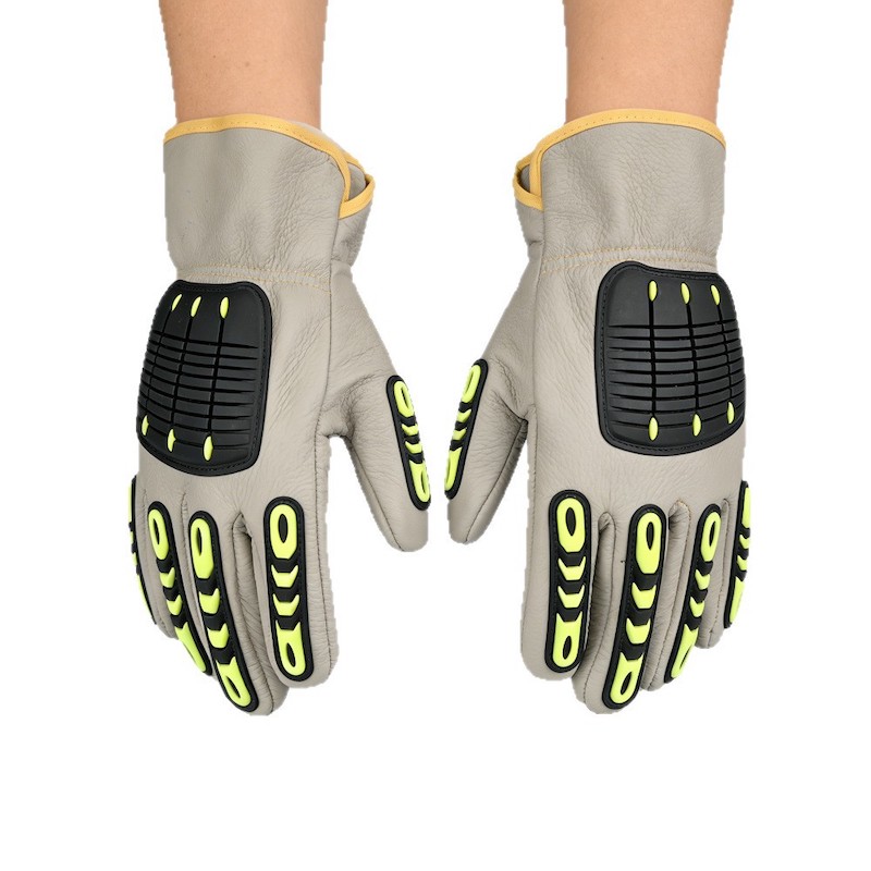 Heavy Duty Cow Leather Impact Gloves, TPR Knuckle Protection, Anti-vibration Industrial Protective Gloves for Construction Mining