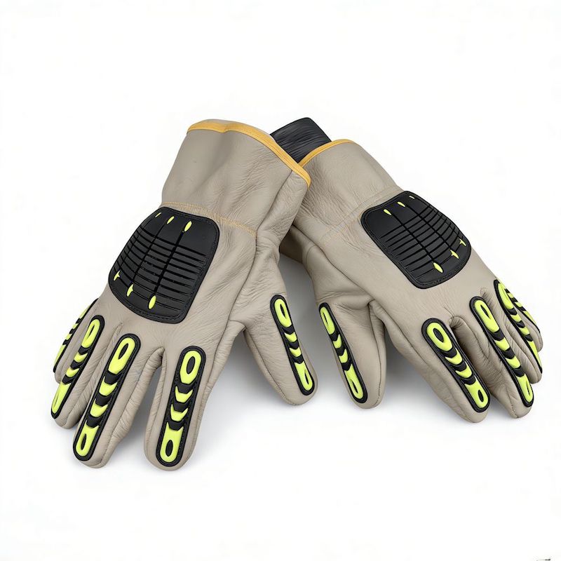 Shock Resistant Mechanic Gloves, TPR Back & Finger Protection, Durable Cowhide Leather Work Gloves for Drilling & Warehouse Operations