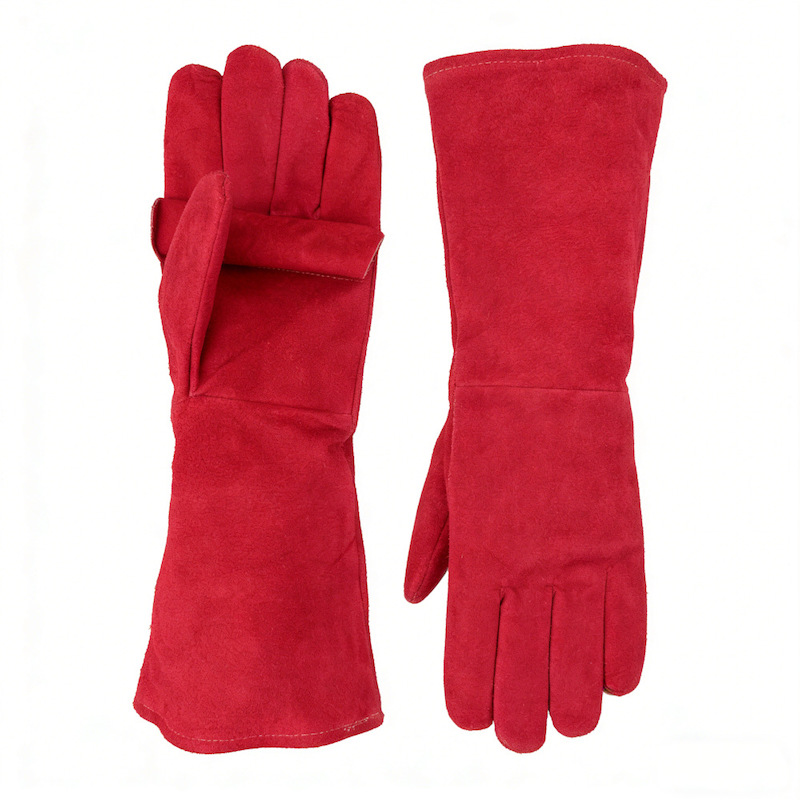 Red Long Cowhide Welding Gloves, Heat Resistant Split Leather Gauntlet Gloves for Mig Tig Welding, Fire Proof Safety Work Gloves