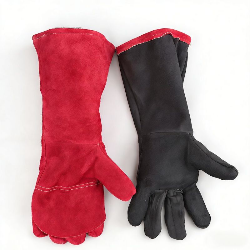 Heat Proof Red Long Welding Gloves, Thick Split Cow Leather, Anti-scald Welder Protective Gloves for Welding Operations