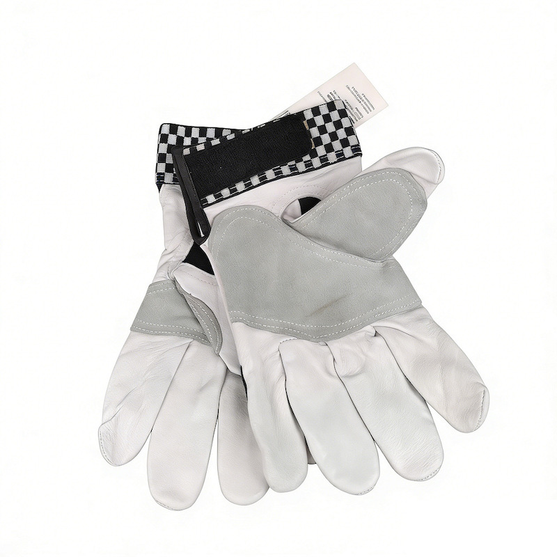 Men's Pigskin Racing Riding Gloves, White Pig Leather Palm & Fingers, Stretch Knit Back, Adjustable Checkered Wrist Motorcycle Gloves