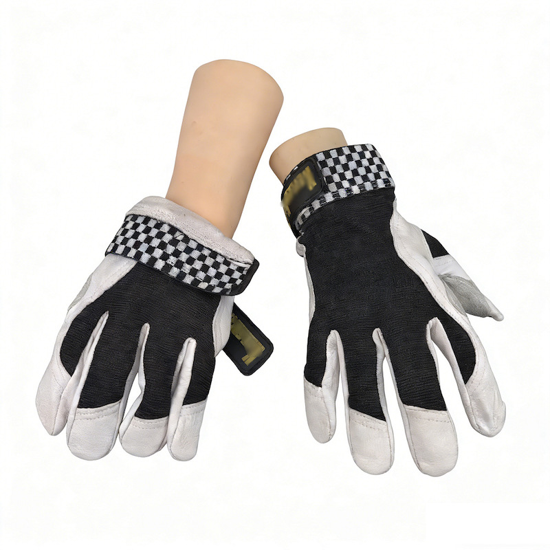 Breathable Pig Leather Outdoor Motorbike Gloves, Padded Palm Protection, Black White Check Cuff, Wear-resistant Cycling Protective Gloves