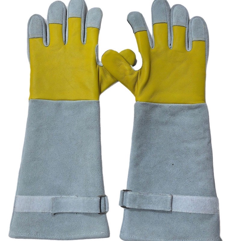 Heavy duty long cuff cowhide gardening gloves for rose pruning and thorn protection