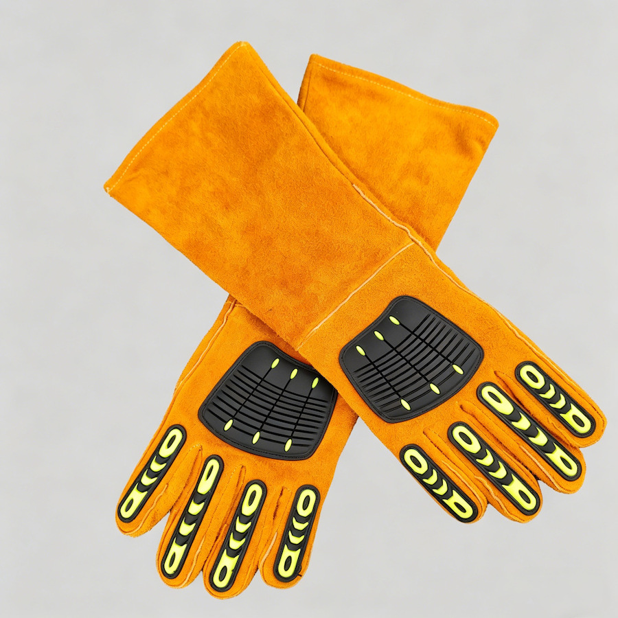 Long cuff split cowhide welding gloves with TPR anti impact protection, heat resistant safety work gloves for welding mechanic repair