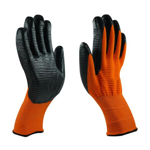 13 Gauge Wave Textured Nitrile Coated Work Safety Gloves, Green / Orange Polyester Liner Black Nitrile Palm Coating
