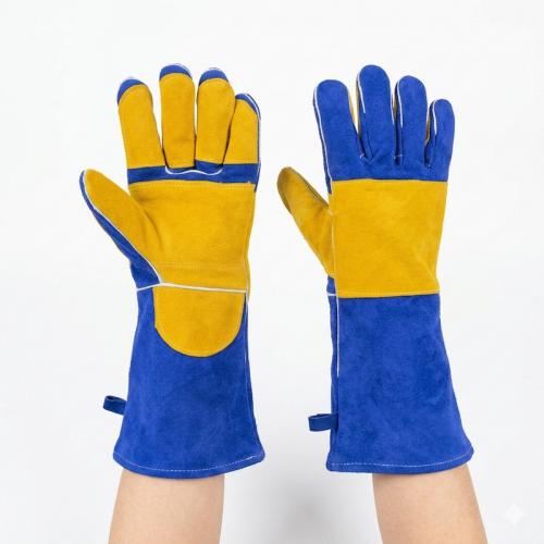 Blue Yellow Split Leather Welding Gloves, Long Sleeve Heat Resistant Mig Tig Welder Work Gloves