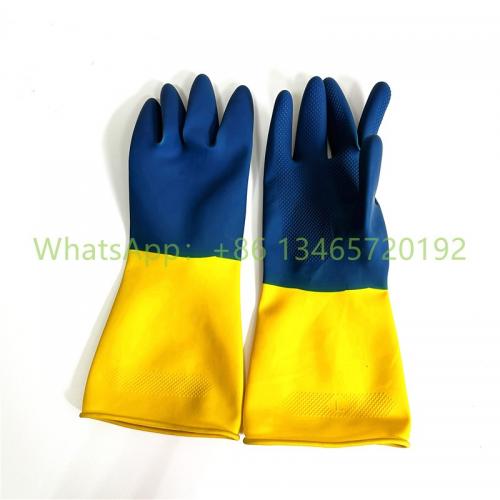 Anti-slip Industrial Chemical-resistant Blue Latex Gloves Chemical Gloves With Yellow Cuff