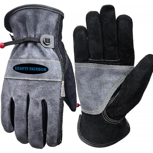 Cow Split Leather Heat Resistant Welding Work Gloves, Heavy Duty Safety Garden Gloves with Adjustable Wrist Drawstring