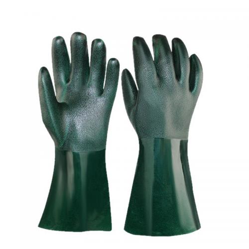 High Quality Long Cuff Oil and Chemical Resistant PVC Gloves Anti Slip Dark Green PVC Dipped Flannel Lining Hand Work Gloves