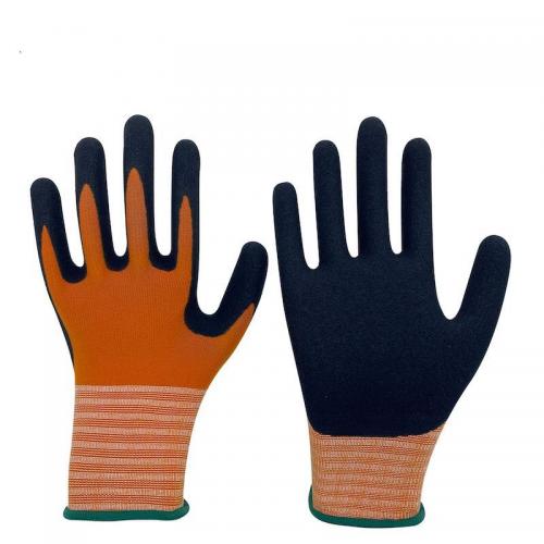 15G Orange/Black Nylon and Spandex Liner Sandy Nitrile Palm Coating Gloves for Industrial