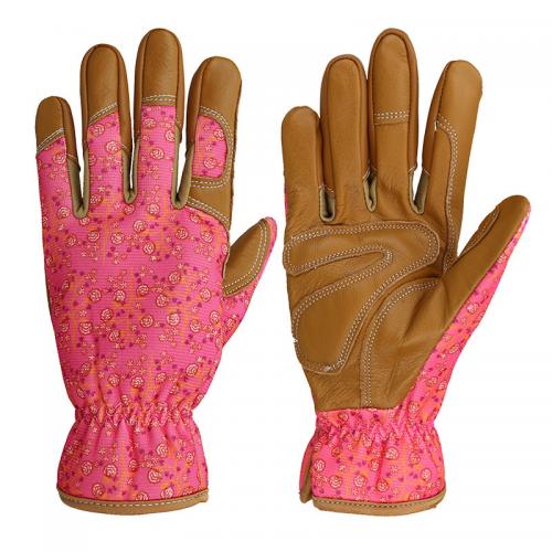 Women’s Floral Print Top Grain Cowhide Leather Garden Work Gloves – Flexible Puncture Resistant Gardening Gloves for Planting Pruning Yard Work