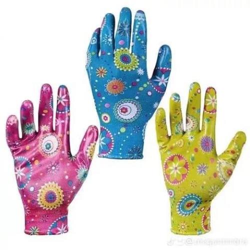 Nitrile Coated Printed Garden Work Gloves, Hand Protection Safety Working Nitrile Dipped Safety Gloves Manufacturer