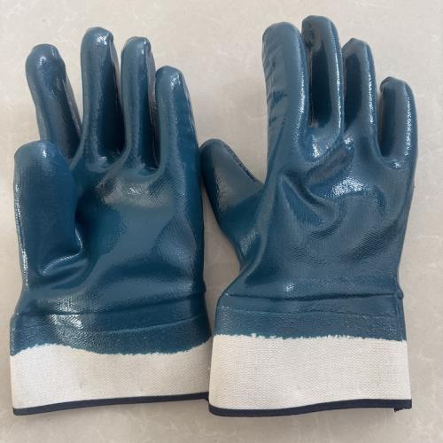 Premium Safety Cuff Nitrile Fully Coated Work Gloves Heavy Duty Oil & Chemical Resistant Blue Nitrile Dipped Gloves