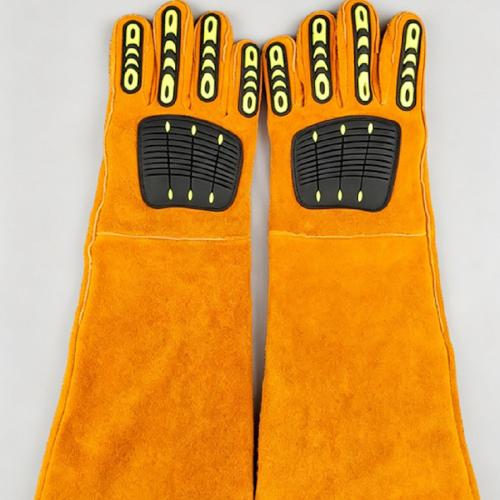 Long Cuff Split Cowhide Welding Gloves With Anti- Impact TPR, Anti-Smash Heat Resistant Safety Gloves for Welding, Mechanic Repair & Industrial Work