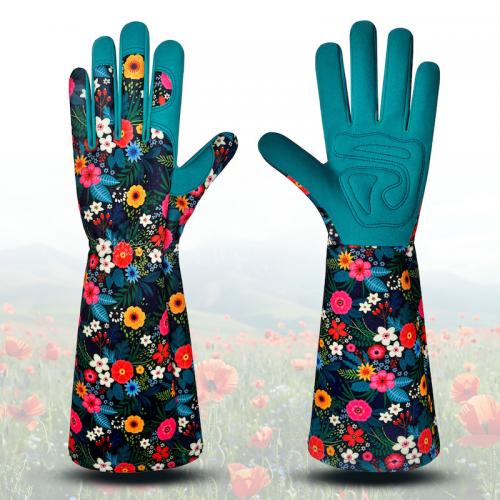 Long Sleeve Floral Print Gardening Gloves, Puncture Resistant Garden Work Gloves for Women