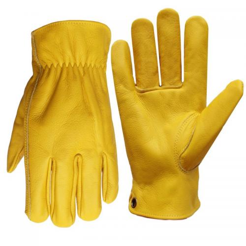 Yellow Full Cowhide Leather Work Gloves, Elastic Wrist Safety Working Gloves for Construction Gardening Industrial Heavy‑Duty